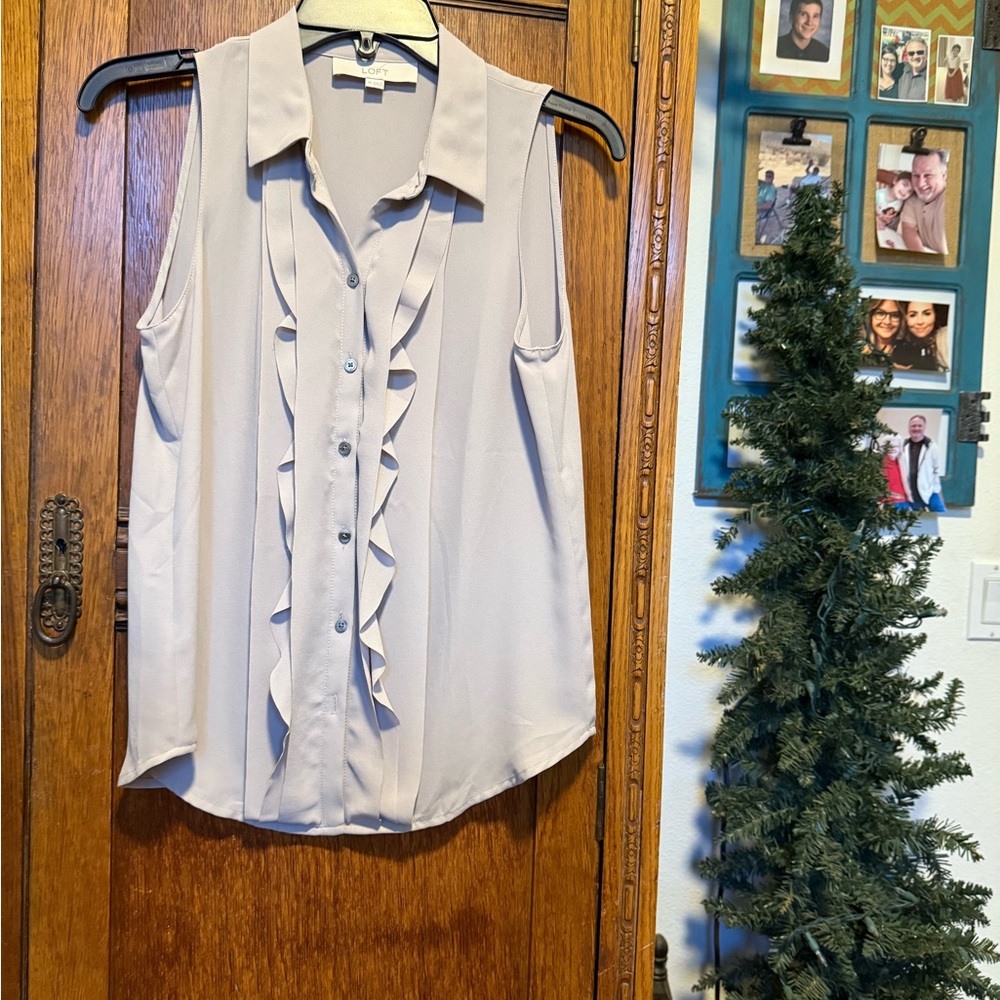 LOFT Taupe, Sleeveless Ruffle Blouse
